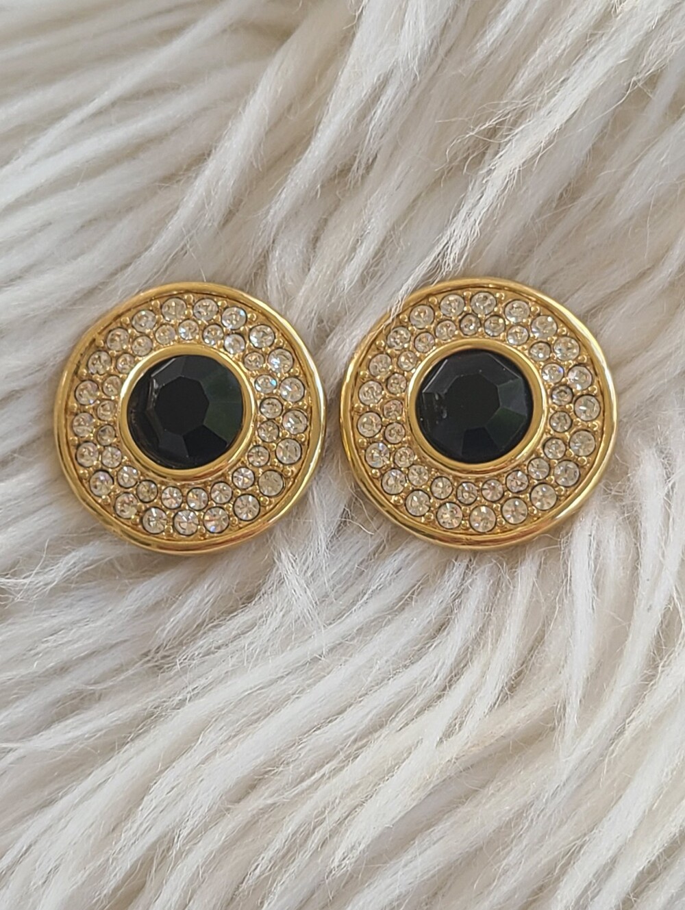 SAL By Swarovski Clip-on Earrings Gold Toned Black Crystal-Good Vintage Conditio